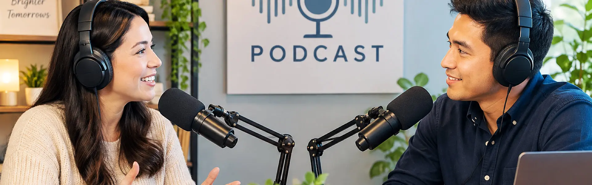 a man and woman in a podcast